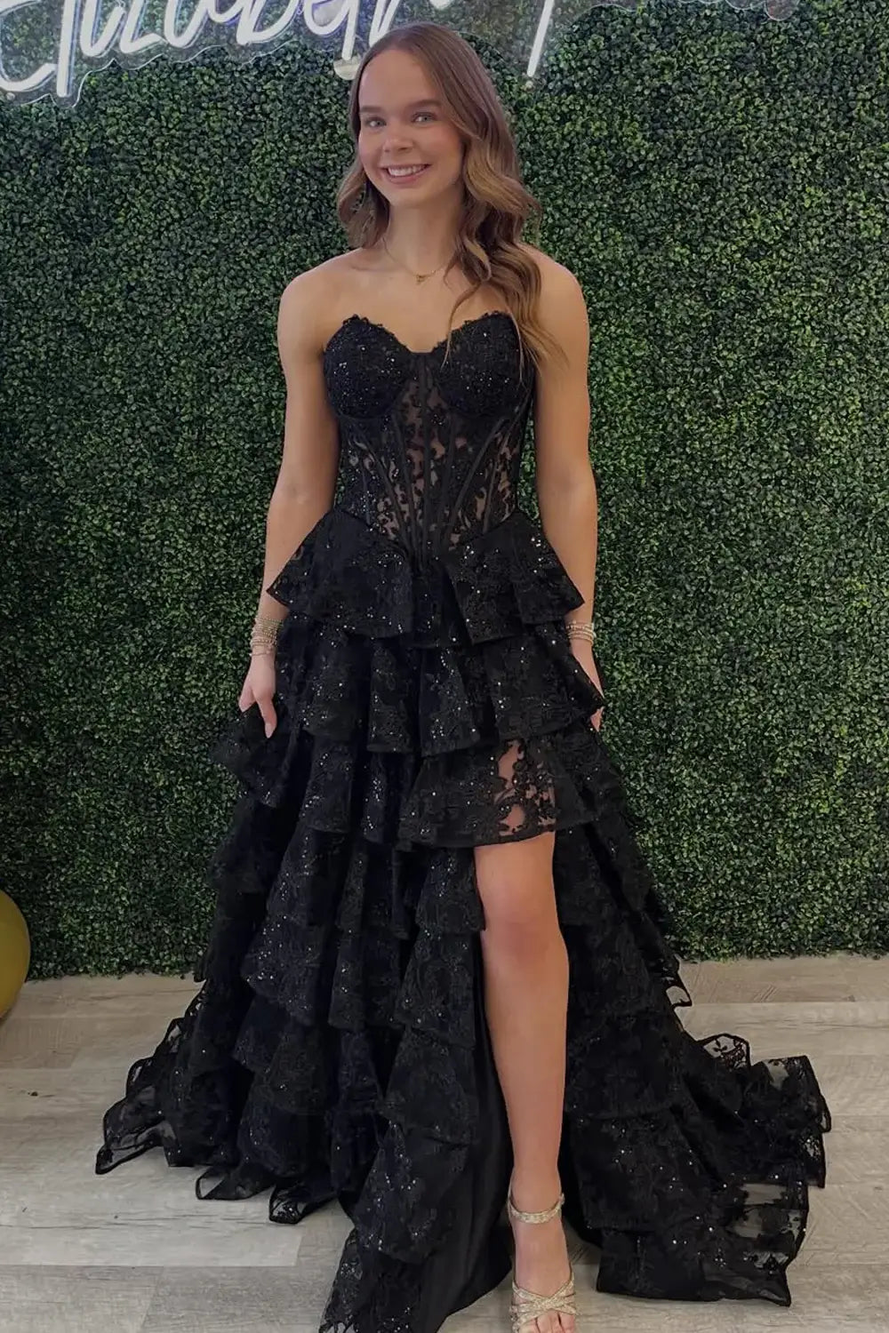 black ruffle prom dress with slit Nox Anabel T1337 Long Tiered Skirt Fitted Sequin Applique Mermaid Gown Black / 16