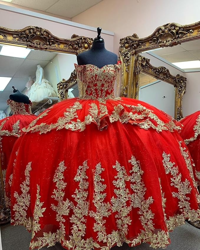 Off Shoulder Ball Gown Red Quinceanera Dress With Gold Lace Embellishment Custom Size / Custom color Off Shoulder Ball Gown Red Quinceanera Dress With Gold Lace Embellishment Custom Size / Custom color