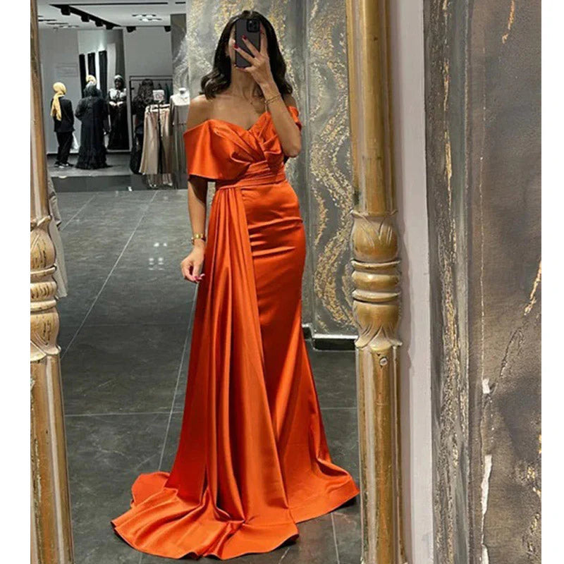 Off Shoulder Burnt Orange Formal Dress Maxi Wedding Guest Dress