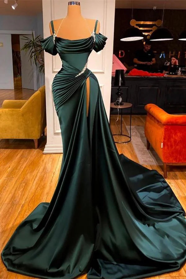 Off-the-Shoulder Corset Dark Green Prom Dress Long Beaded Slit
