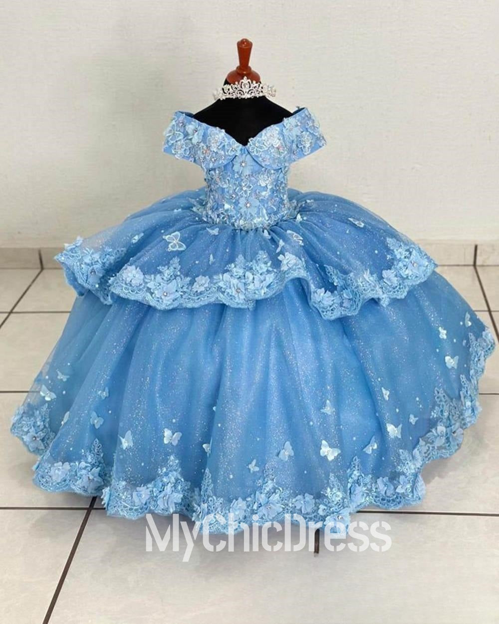 Off the Shoulder Fluffy Blue Mini Quince Dresses For Little Girl Lace Appliqu 5 / Blue Off the Shoulder Fluffy Blue Mini Quince Dresses For Little Girl Lace Appliqu 5 / Blue