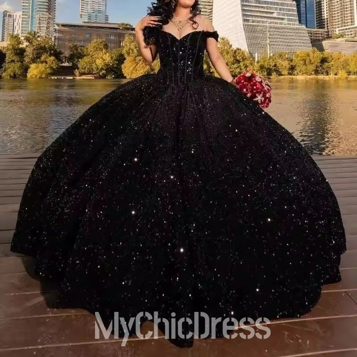Off the Shoulder Sweet 15 Dresses Sequins Black Quince Dress US22W / Custom color Off the Shoulder Sweet 15 Dresses Sequins Black Quince Dress US22W / Custom color