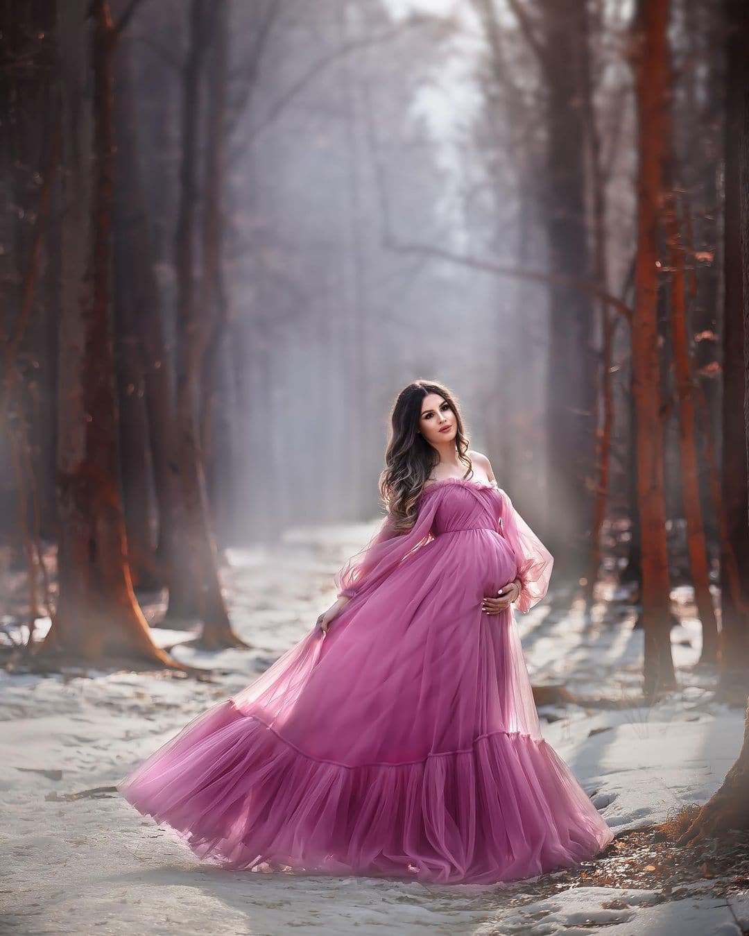 pink fluffy maternity dress Off the shoulder Tulle Robe Puffy Sleeve Maternity Dress for Baby Shower mauve / US16W