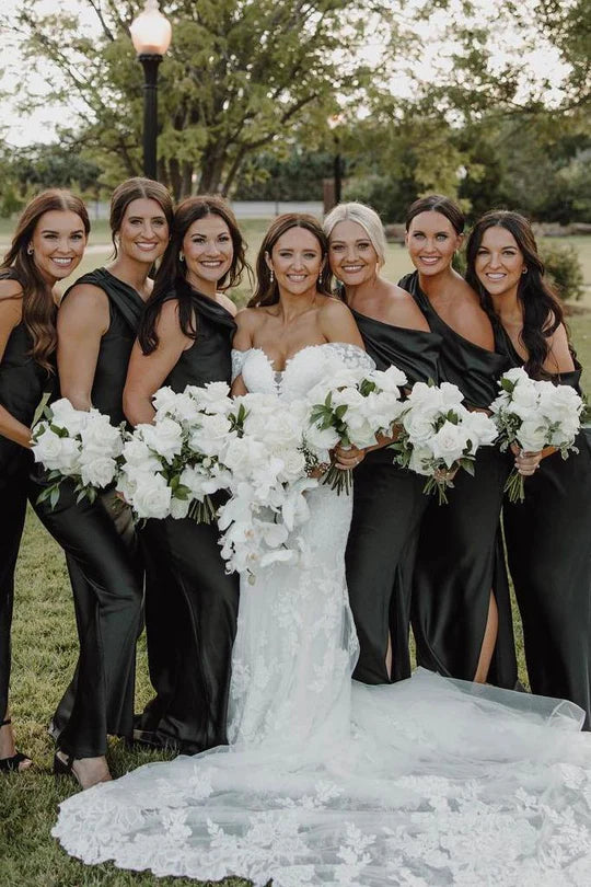 One Shoulder Bridesmaid Dresses Black Satin Pleated with Slit Black / US10 One Shoulder Bridesmaid Dresses Black Satin Pleated with Slit Black / US10