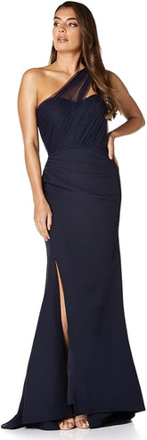 One Shoulder Evening Dress Tulle Top Navy Maxi Dress With Split Mychicdress