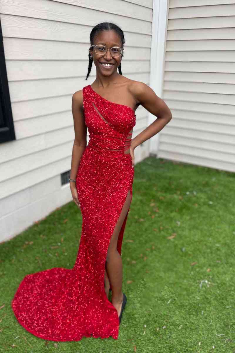 One Shoulder Formal Dress Sequin Prom Dress Mermaid with Slit Red / Custom Size One Shoulder Formal Dress Sequin Prom Dress Mermaid with Slit Red / Custom Size