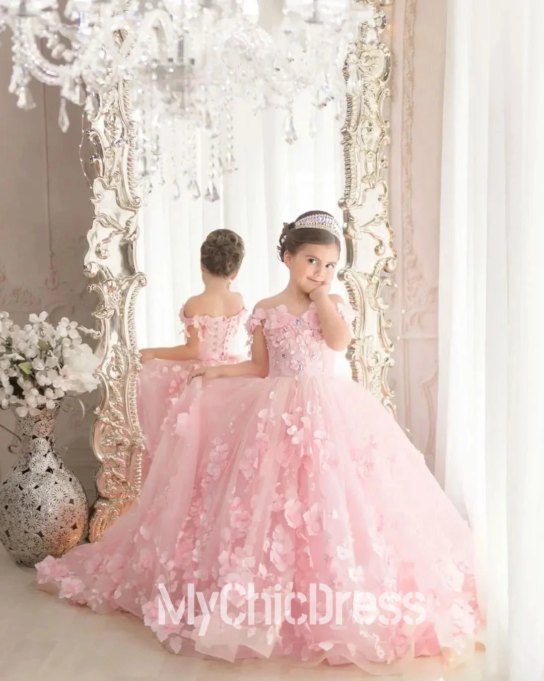 Pink Mini Quinceanera Dresses 3d Floral Flower Girl Dress For Wedding 2 / Pink Pink Mini Quinceanera Dresses 3d Floral Flower Girl Dress For Wedding 2 / Pink