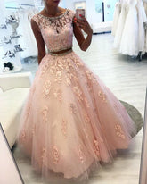 Pink Two Piece Quinceanera Dresses with Beaded Lace Crop Tulle