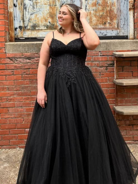 Plus Size Black Prom Dresses A Line V Neck Lace Evening Dress Black / US16 Plus Size Black Prom Dresses A Line V Neck Lace Evening Dress Black / US16