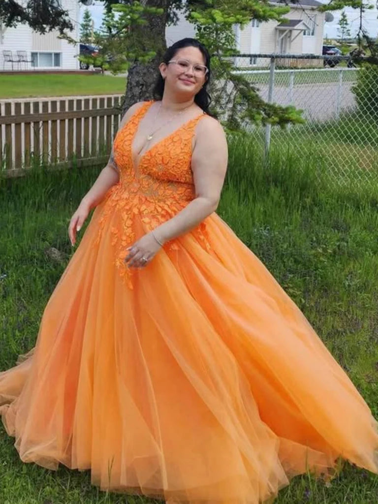 Plus Size Orange Prom Dress A Line V Neck Lace Evening Dresses