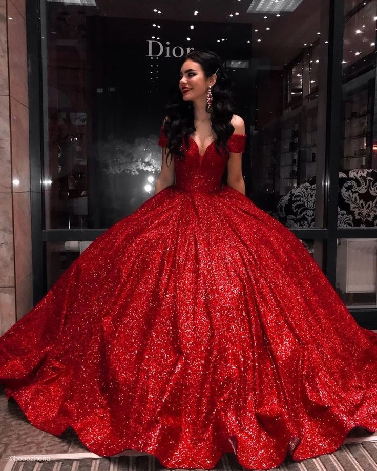 Princess Ball Gown Red Sequin Wedding Dresses Off the Shouder Red / US8 Princess Ball Gown Red Sequin Wedding Dresses Off the Shouder Red / US8
