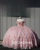Princess Pink Quinceanera Dresses Discount Lace-Up 3D Flowers Ball Gowns