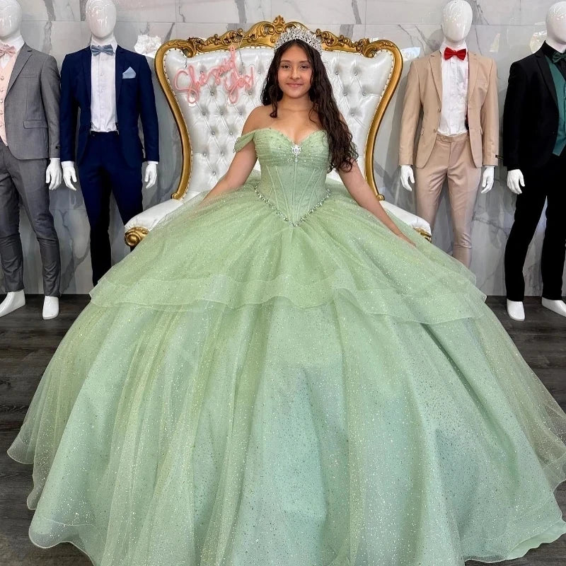 light green quinceanera dresses Princess Sage Green Corset Quinceanera Dress Off-Shoulder Big Bow Pink / US6