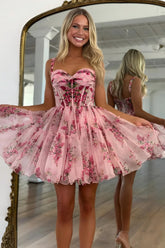Print Pink Floral Homecoming Dress Short  A-Line Straps Mychicdress