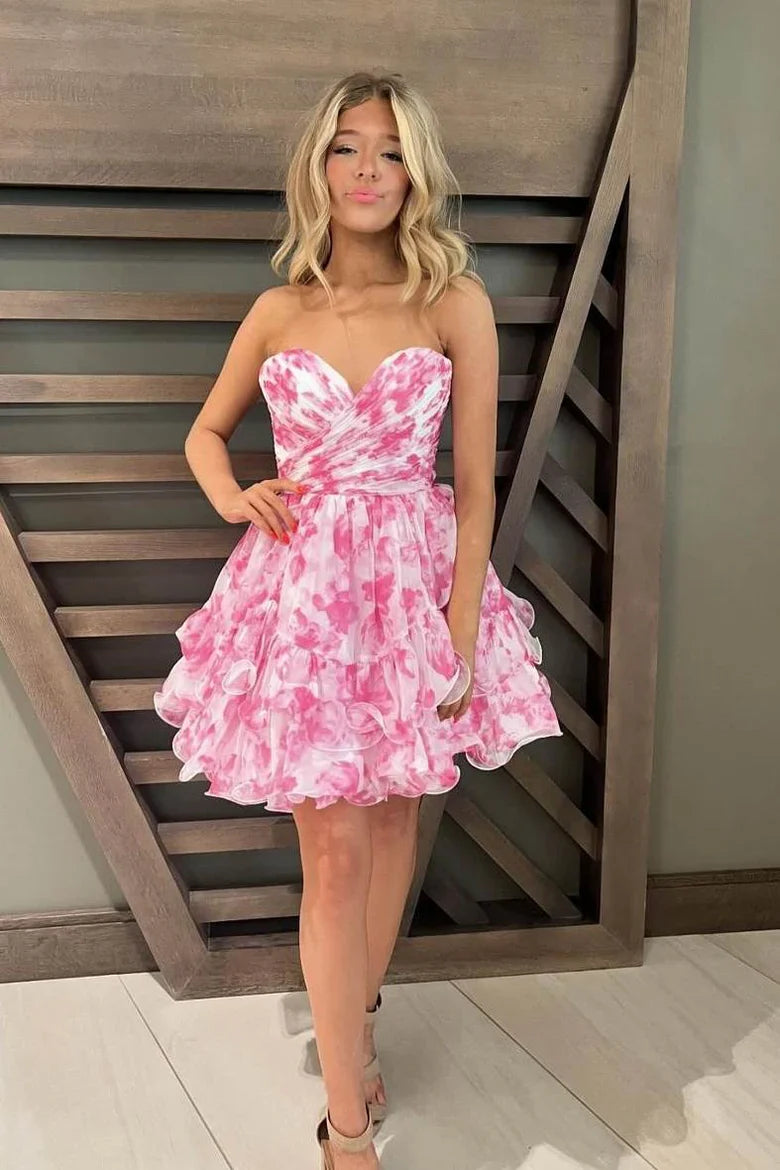 Blue Print Sweetheart Ruffle Homecoming Dress Pink / 16 Blue Print Sweetheart Ruffle Homecoming Dress Pink / 16