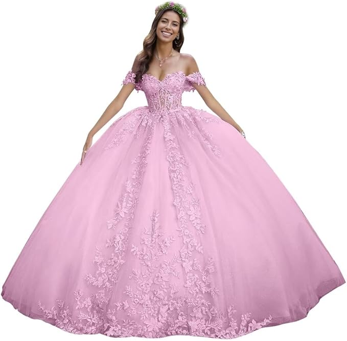 pink quinceanera dresses puffy Pink Puffy Quinceanera Dresses 3D Appliqued Flower Vestidos De 15 Anos Tulle