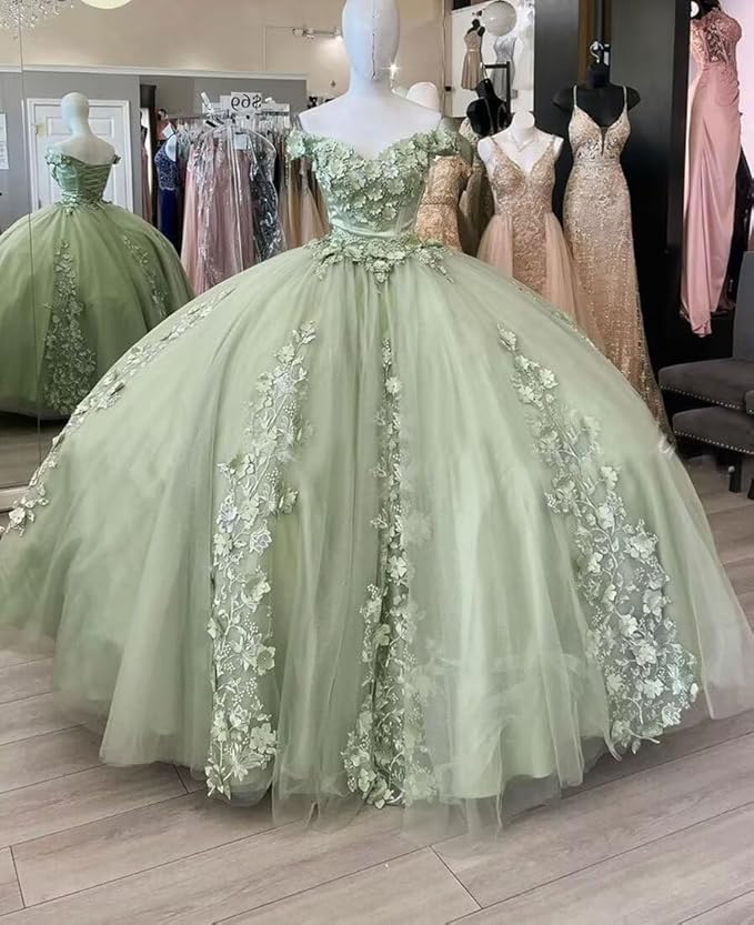 Puffy Sage Green Quinceanera Dresses Vestido de 15 aos 3D Floral Sage Green / US12 Puffy Sage Green Quinceanera Dresses Vestido de 15 aos 3D Floral Sage Green / US12