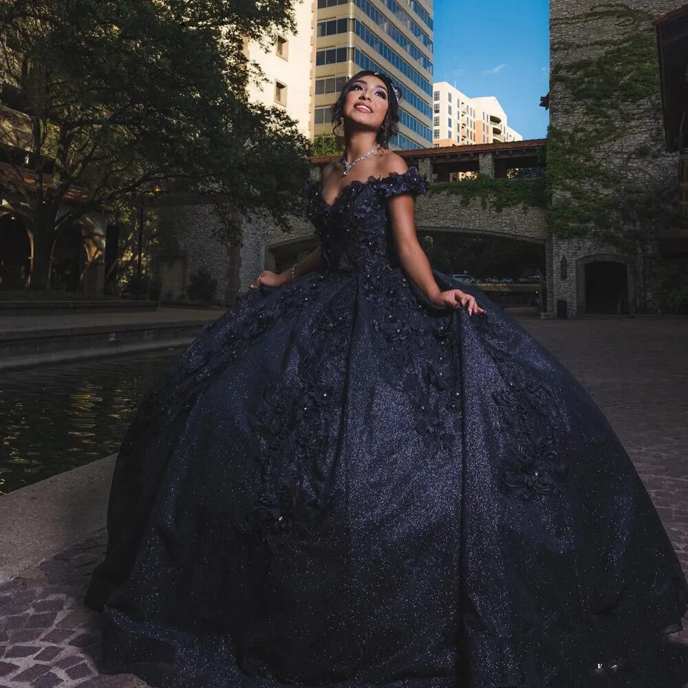 Ball Gown off shoulder Sweet 16 Quinceanera Dresses Beaded Navy Blue / US2