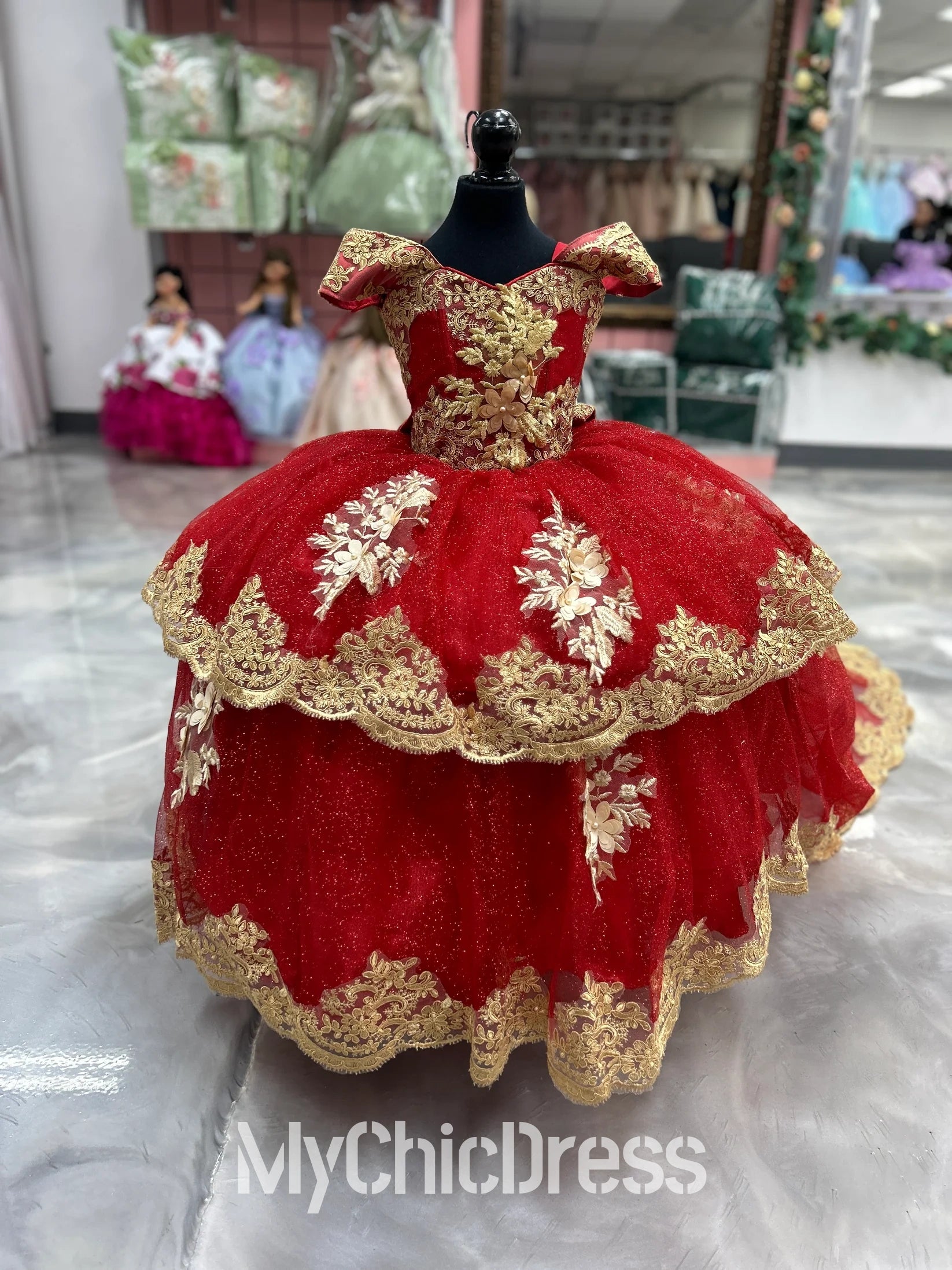 Red Gold Mini Quince Dress for Little Girls Tiered with Train 14 / Red Red Gold Mini Quince Dress for Little Girls Tiered with Train 14 / Red