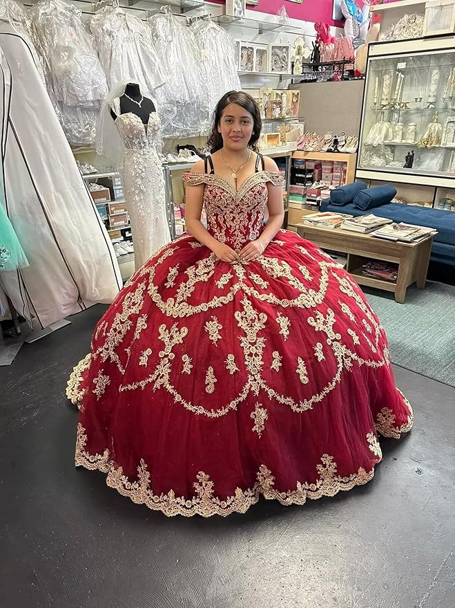 Red Gold Sweet 16 Dress Tulle Lace Quince Dress Vestidos de 15 Aos Off Shoulder Red / US12 Red Gold Sweet 16 Dress Tulle Lace Quince Dress Vestidos de 15 Aos Off Shoulder Red / US12