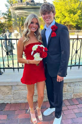 Red Strapless Mini Hoco Dress Tighted Short with Ruffles Mychicdress