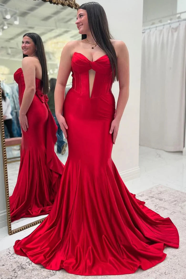 Red Strapless Senior Prom Dress with Bow Satin Pleated Evening Dress MyChicDress Red Strapless Senior Prom Dress with Bow Satin Pleated Evening Dress MyChicDress