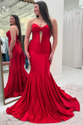 Red Strapless Senior Prom Dress with Bow Satin Pleated Evening Dress