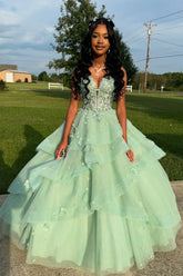 Sage Green Ball Gown Quinceanera Dress Sweetheart Tiered with Appliques Mychicdress