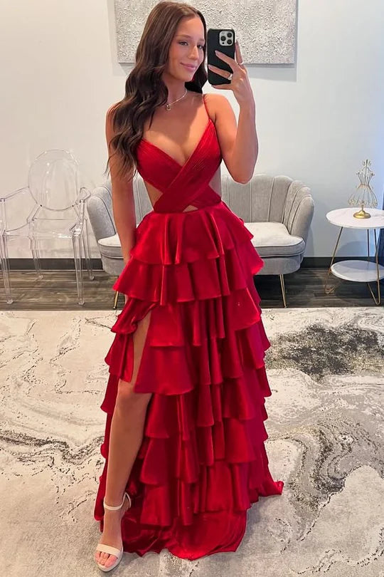 Satin Red Layered Prom Formal Dress Spaghetti Straps V-Neck Blue / US2 Satin Red Layered Prom Formal Dress Spaghetti Straps V-Neck Blue / US2