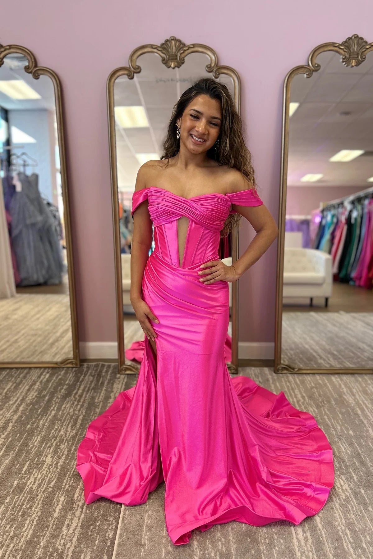 Satin Hot Pink Evening Dress Off-the-shoulder Ruched with Keyhole MyChicDress Satin Hot Pink Evening Dress Off-the-shoulder Ruched with Keyhole MyChicDress