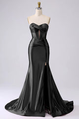 Black Long Prom Dress 2024 Sweetheart Satin Evening Dresses Mermaid