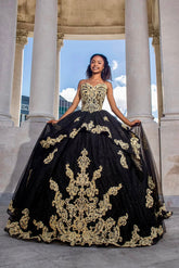 Sequin Ball Gowns Strapless Black Gold Quinceanera Dresses for Sweet 16