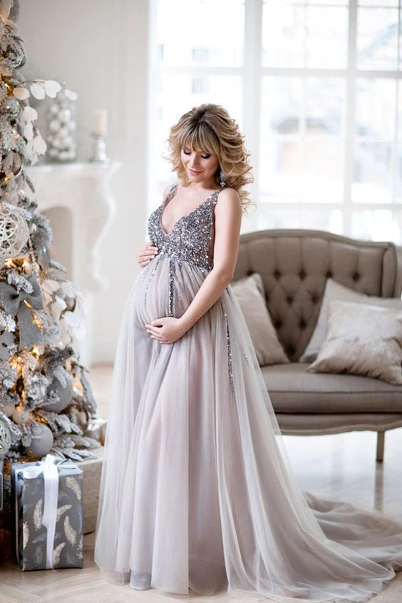 sequin maternity dress Sequin Maternity Dresses For photoshoot Baby Shower Gowns US4 / Silver