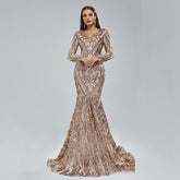 Sexy Mermaid Gold Lace Prom Dresses Long Sleeves Formal Gown Mychicdress