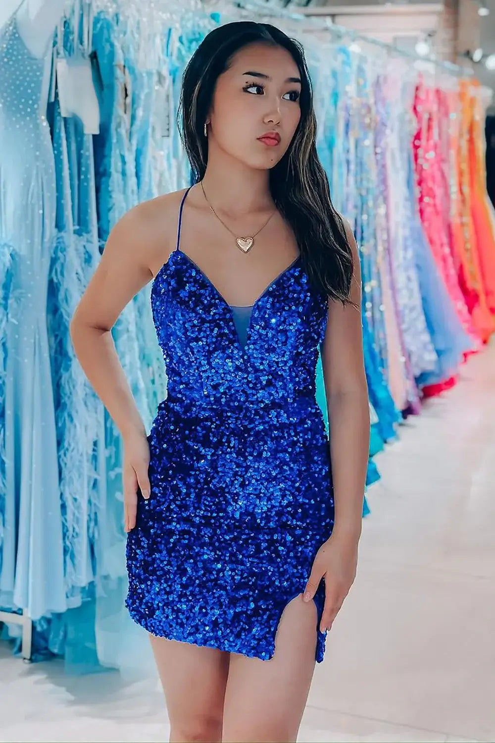 Sexy Short Sequin Hoco Dresses Mini Mermaid Tight Homecoming Dress Royal Blue / US12