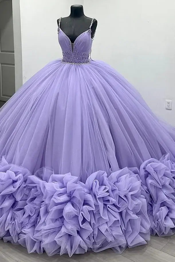 Sexy Spaghetti Straps Lavender Tulle Wedding Dresses Beading Bodice Lavender / US2