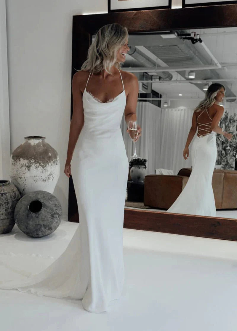 Sheath Minimalist Beach Wedding Dress Chiffon Sleeveless Lace Up – MyChicDress