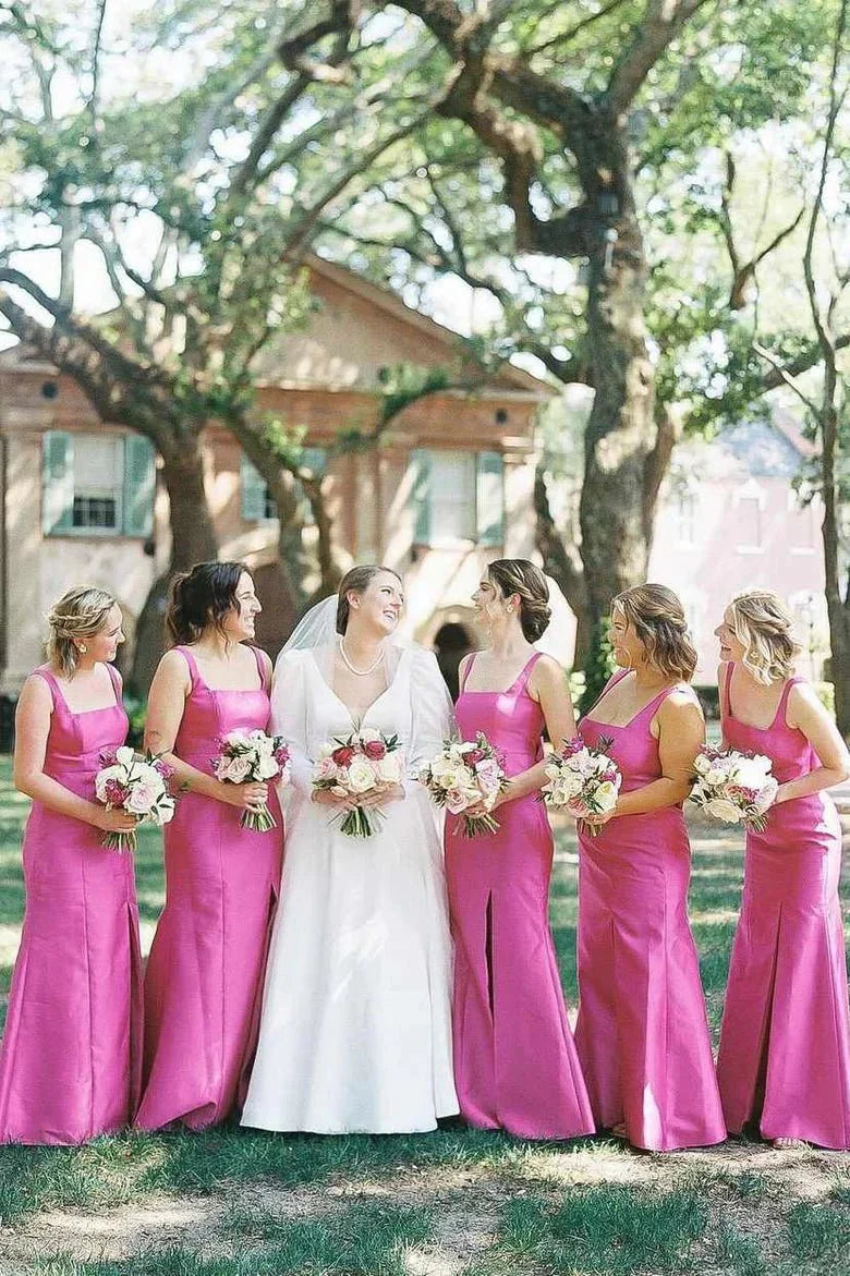 Sheath Fuchsia Bridesmaid Dresses Square Neck Satin with Bow US18W / Fuchsia Sheath Fuchsia Bridesmaid Dresses Square Neck Satin with Bow US18W / Fuchsia