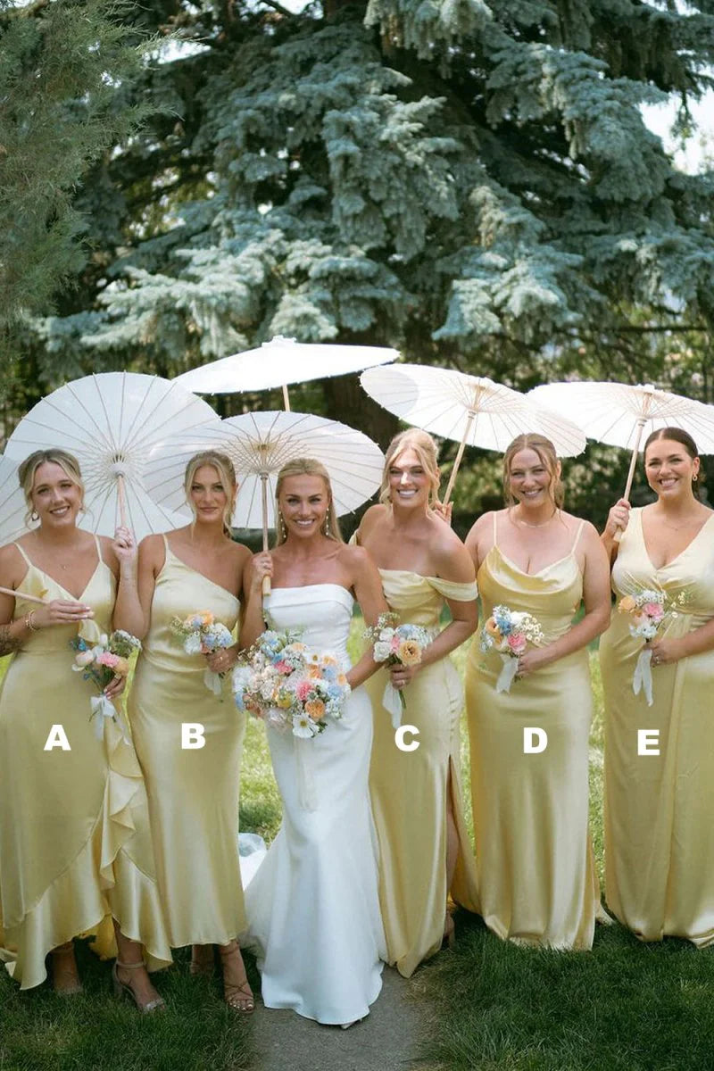 Sheath Mismatched Pale Yellow Bridesmaid Dresses Silk Satin – MyChicDress