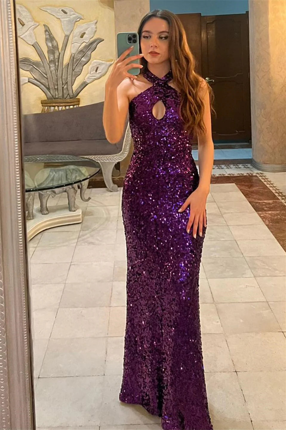 Sheath Purple Sequin Halter Prom Dress Long Sleeveless Open Back Purple / US4 Sheath Purple Sequin Halter Prom Dress Long Sleeveless Open Back Purple / US4