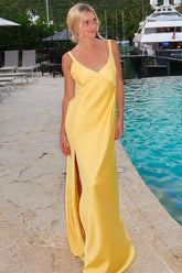 Sheath Yellow Maxi Dress For Wedding Guests V-Neck Tie-Back with Slit