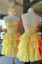 Shiny Short Corset Yellow Homecoming Dress Beaded A-line Ruffle Mychicdress