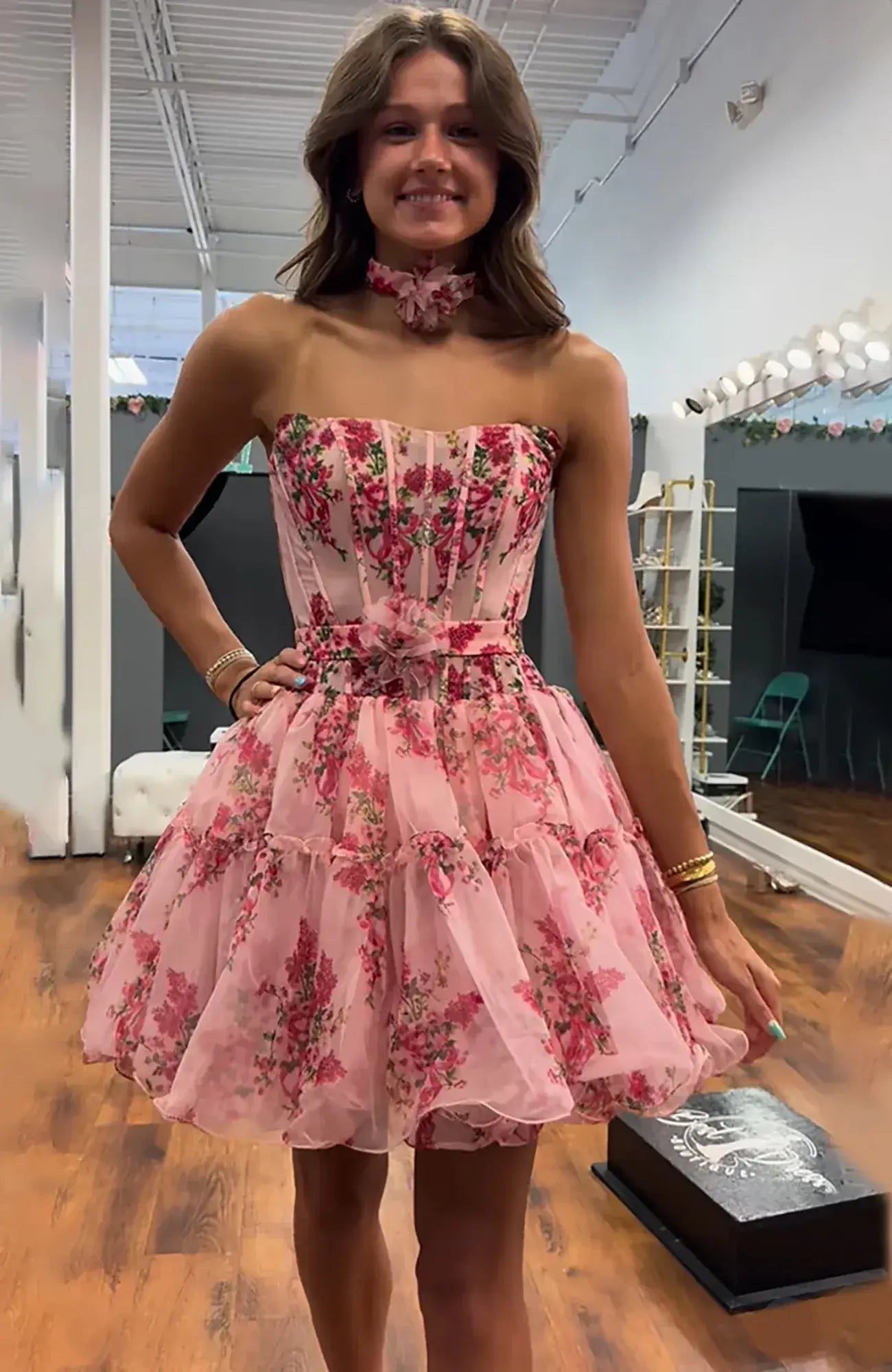 Short Corset Pink Homecoming Dress Floral Strapless A Line with Ruffle – MyChicDress