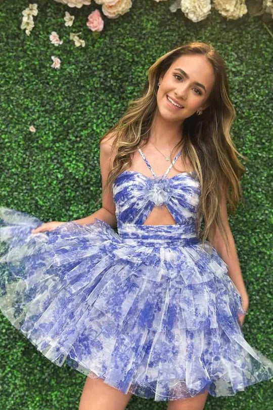 Short Floral Blue Homecoming Dress Halter Chiffon A-Line MyChicDress Short Floral Blue Homecoming Dress Halter Chiffon A-Line MyChicDress