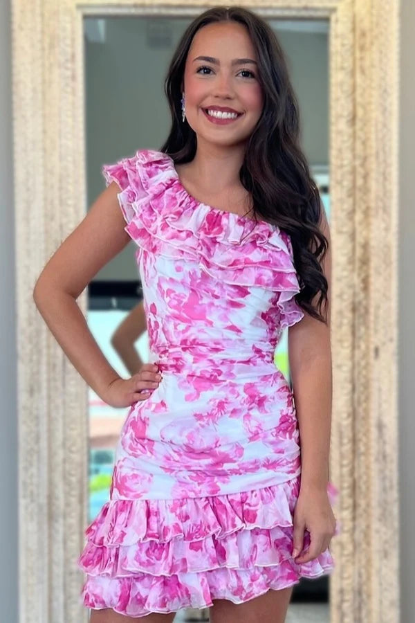 Pink - A-Line One Shoulder Floral Chiffon Short Homecoming Dresses Pink / 8 Pink - A-Line One Shoulder Floral Chiffon Short Homecoming Dresses Pink / 8