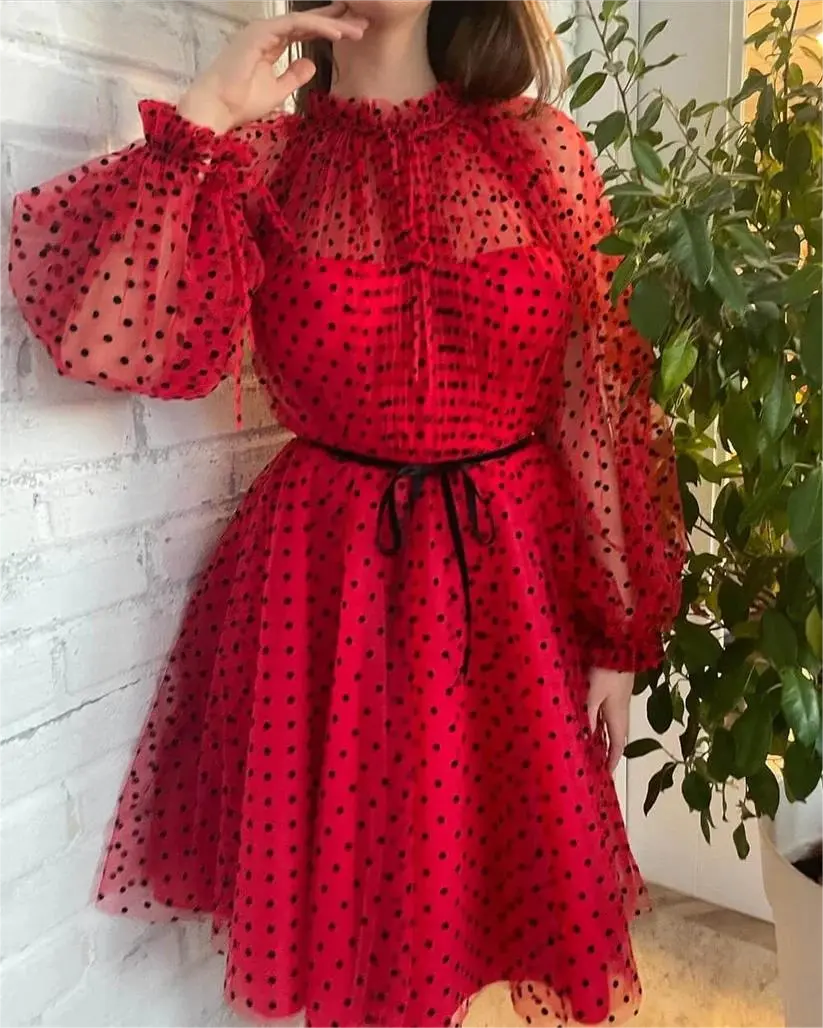 Short Red Polka Dot Prom Dress Long Sleeve Tulle Homecoming Dress Red / US16W Short Red Polka Dot Prom Dress Long Sleeve Tulle Homecoming Dress Red / US16W