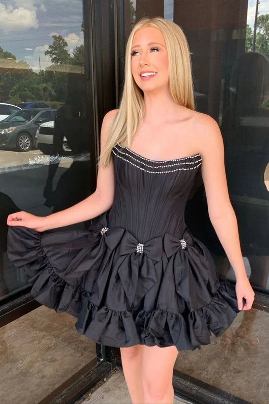 Strapless Black Beaded Short Homecoming Dress with Bow Black / 10 Strapless Black Beaded Short Homecoming Dress with Bow Black / 10