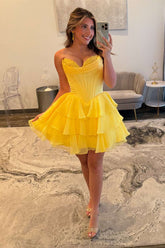 Short Yellow Corset Homecoming Dress A-line with Ruffle Mychicdress