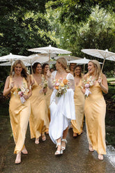 Silk Saitn Gold Bridesmaid Dresses For Beach Weddings Sheath V Neck