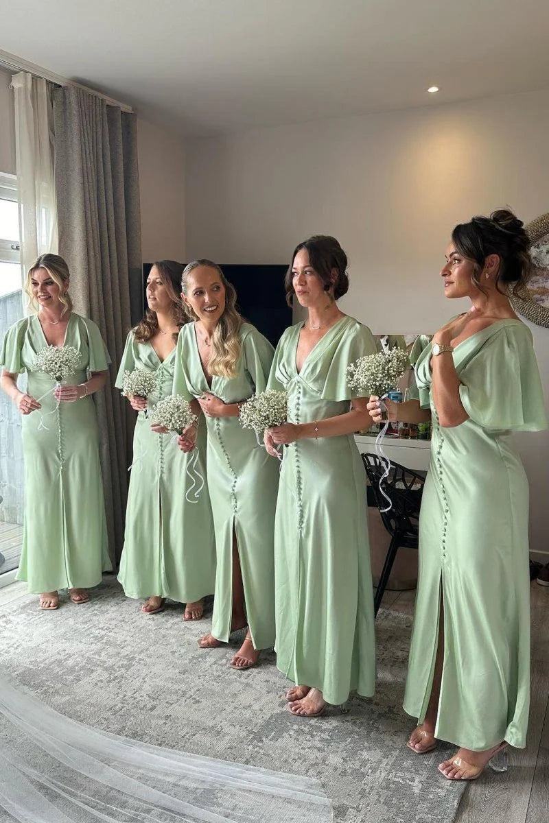 Flare Sleeves Sage Green Bridesmaid Dress with Buttons, Sage Green / UK 18 Flare Sleeves Sage Green Bridesmaid Dress with Buttons, Sage Green / UK 18